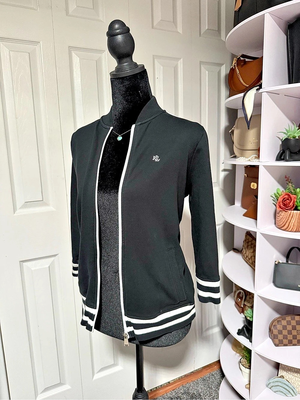 Lauren Ralph Lauren Black & White Varsity Jacket Size Small Like New